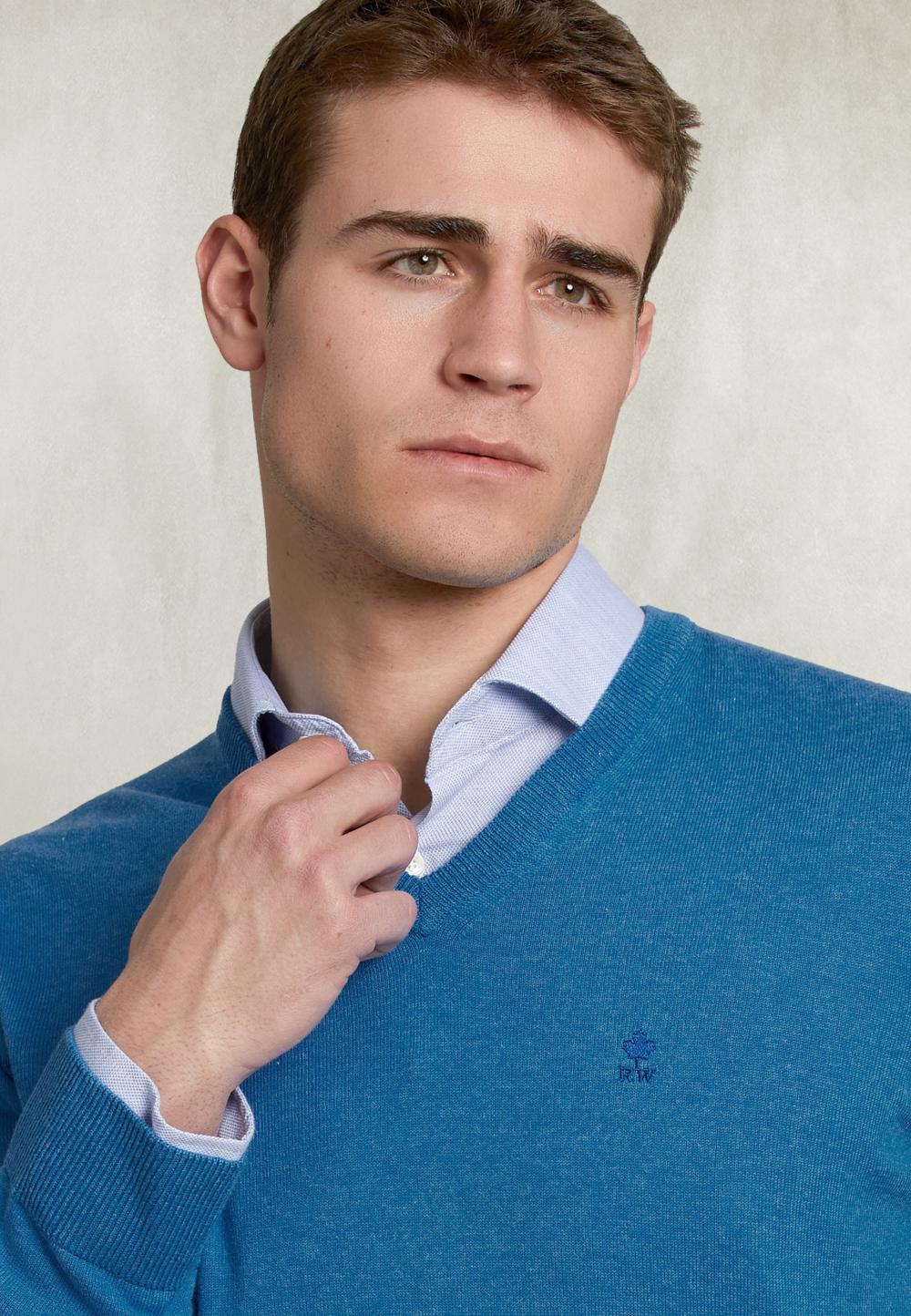 Basic V-Neck Pullover Blue Bird Mix - Bleu