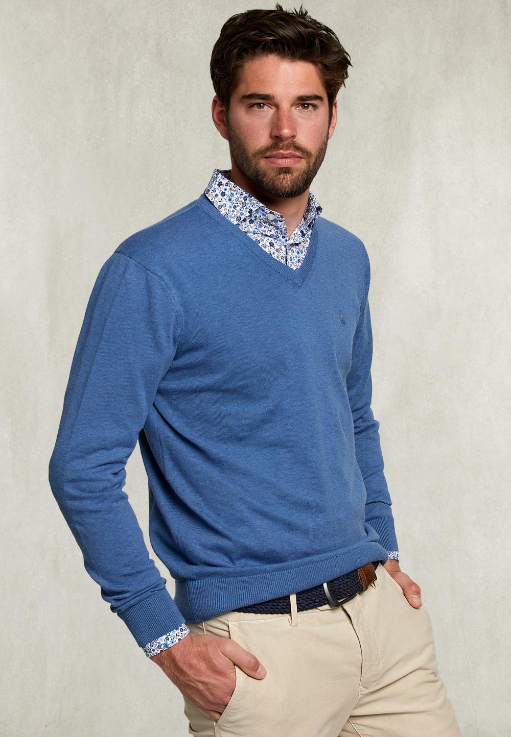 Basic V-Neck Pullover Dark Denim Mix - Bleu