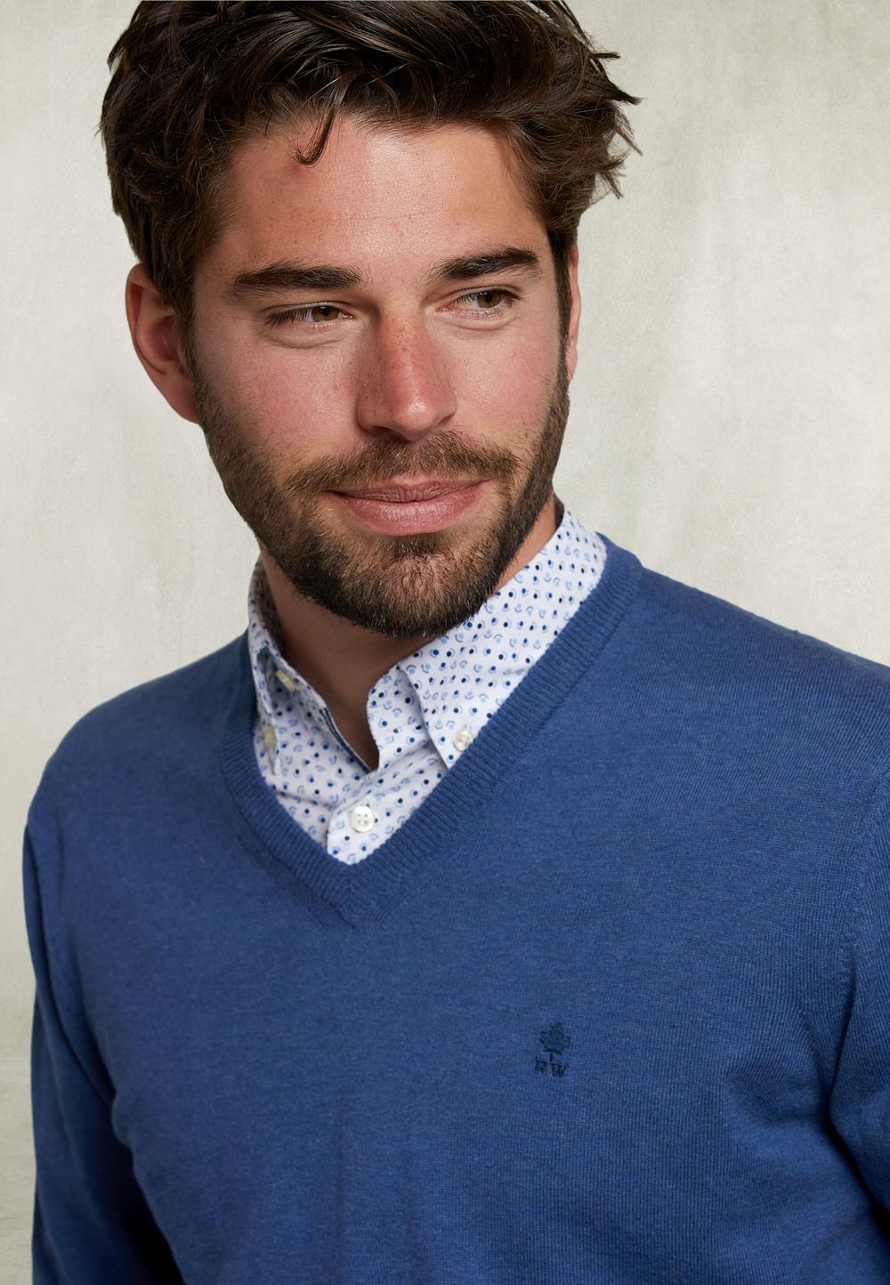 Basic V-Neck Pullover Deep Blue Mix - Bleu
