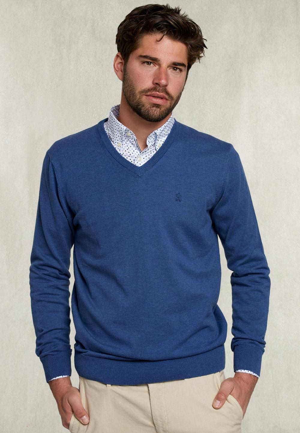 Basic V-Neck Pullover Deep Blue Mix - Bleu