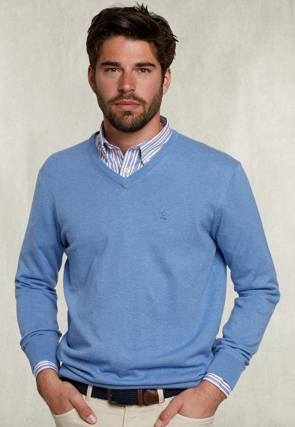 Basic V-Neck Pullover Light Denim Mix - Bleu