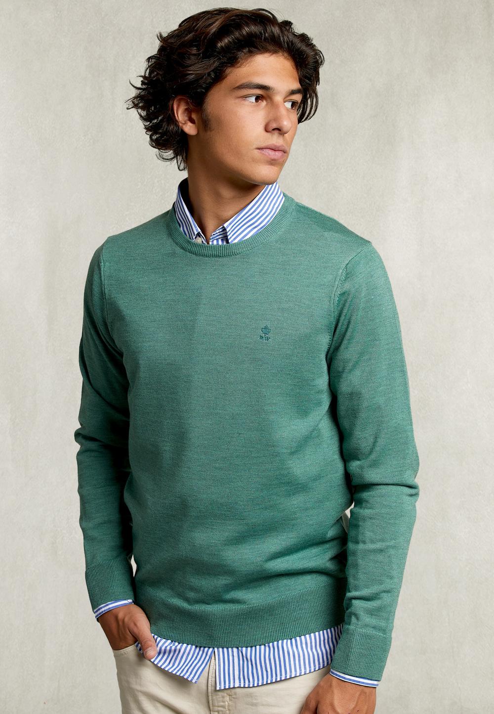 Basic Merino Crew Neck Pullover Herb Mix - Vert