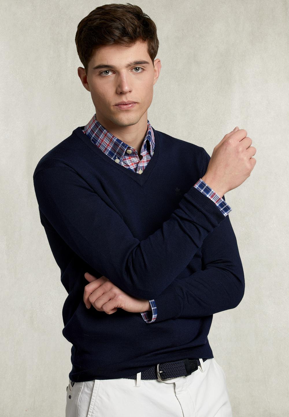 Basic Merino V-Neck Pullover Admiral - Bleu