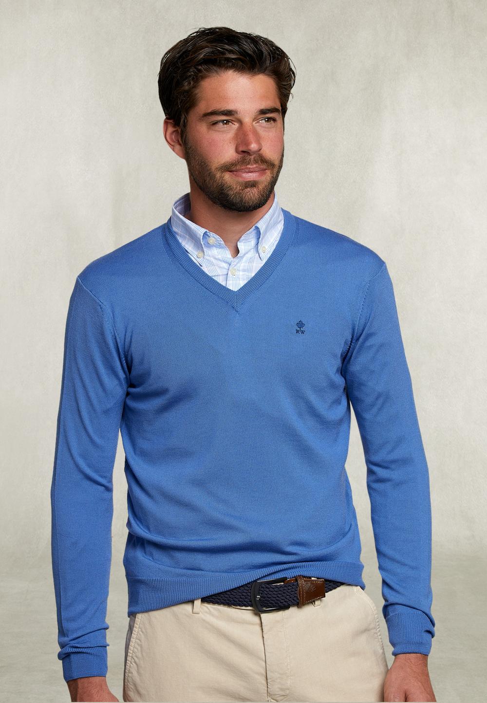 Basic Merino V-Neck Pullover Blue Bird - Bleu