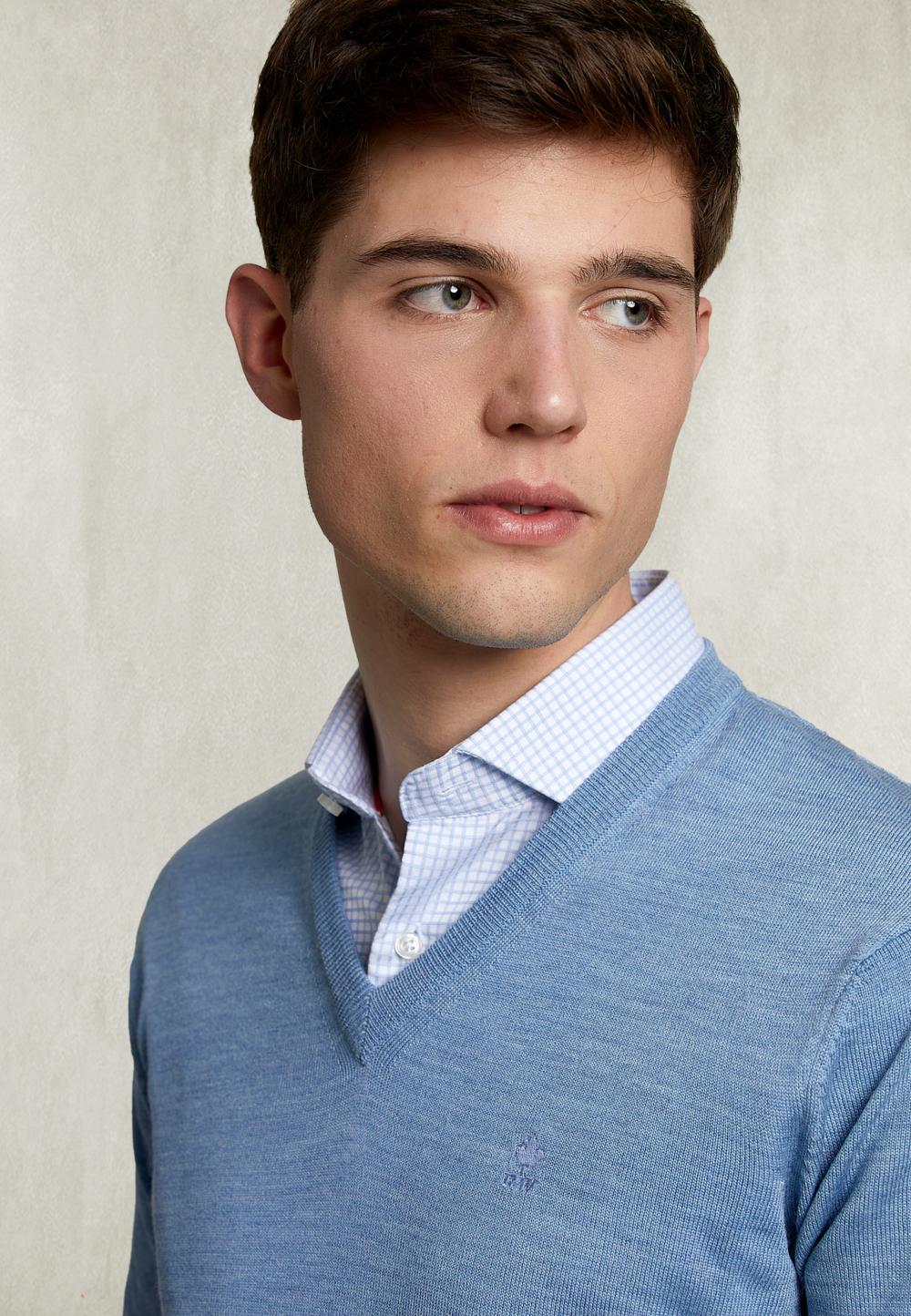 Basic Merino V-Neck Pullover Dark Chambray Mix - Bleu