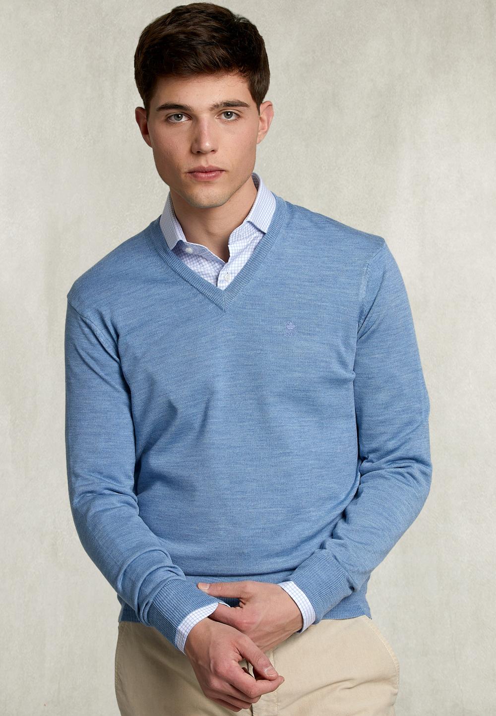 Basic Merino V-Neck Pullover Dark Chambray Mix - Bleu