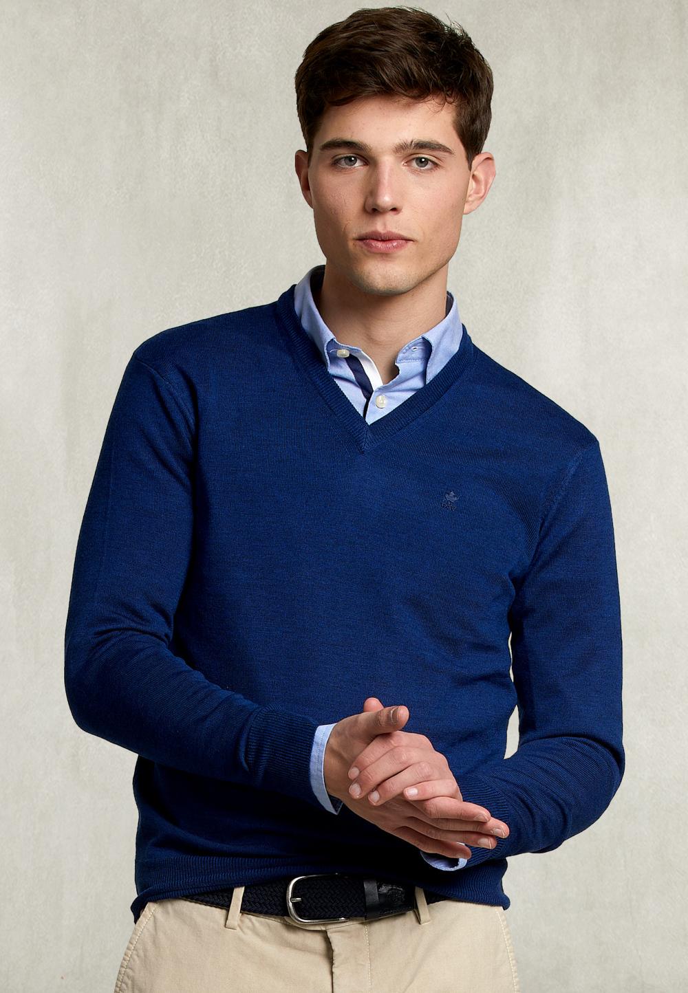 Basic Merino V-Neck Pullover Dark Exotic - Bleu