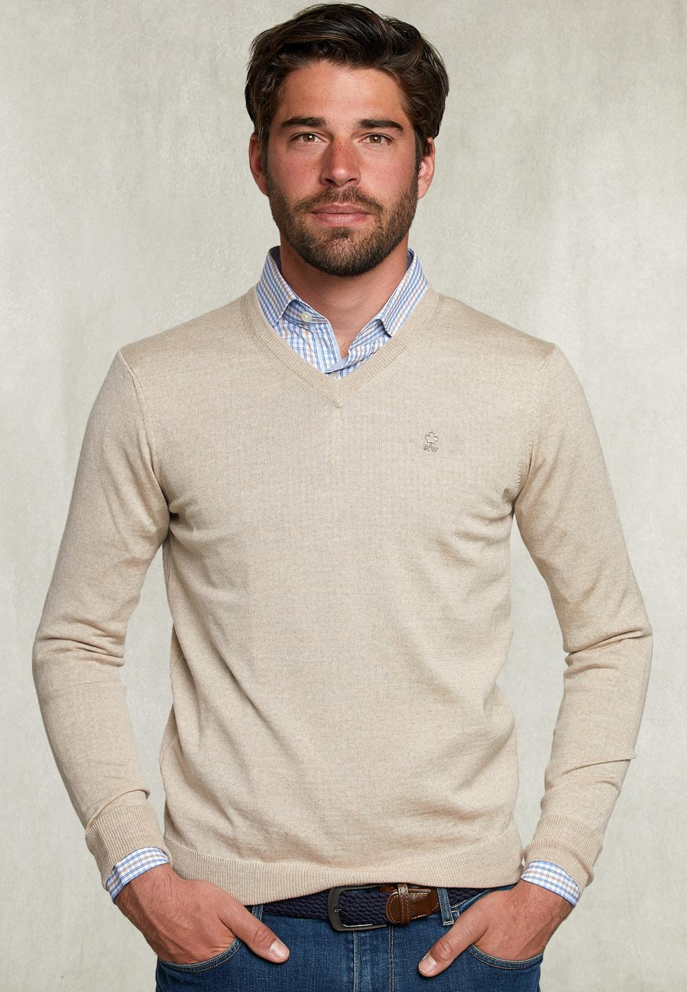 Basic Merino V-Neck Pullover Dune Mix - Marron