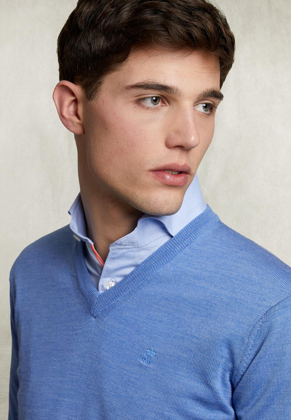 Basic Merino V-Neck Pullover Light Glory Mix - Bleu