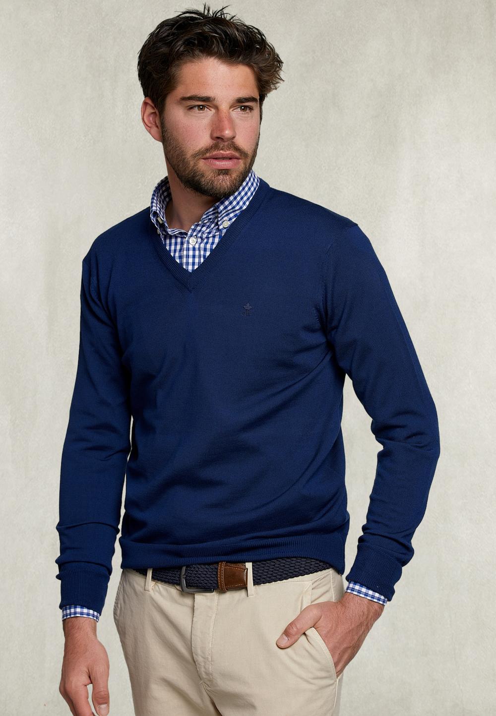 Basic Merino V-Neck Pullover Oxford Blue - Bleu