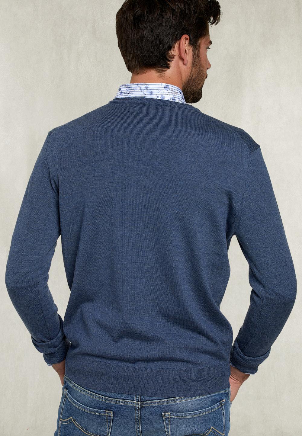 Basic Merino V-Neck Pullover Steel Mix - Bleu