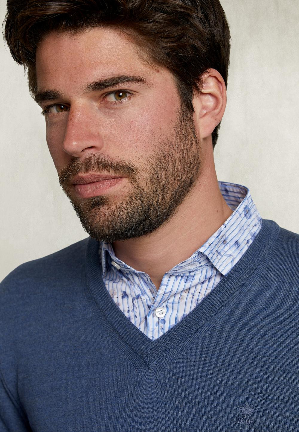 Basic Merino V-Neck Pullover Steel Mix - Bleu