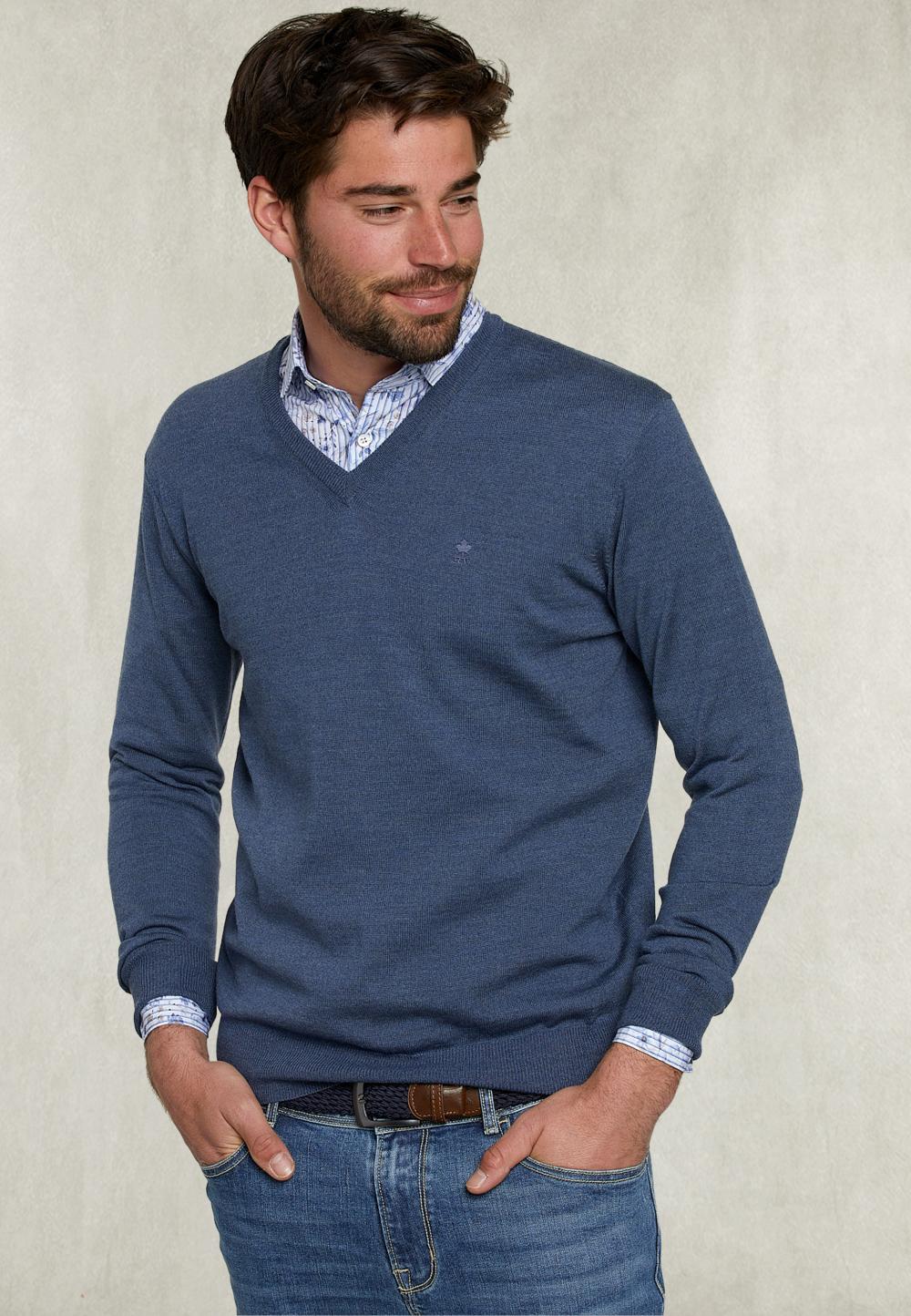 Basic Merino V-Neck Pullover Steel Mix - Bleu