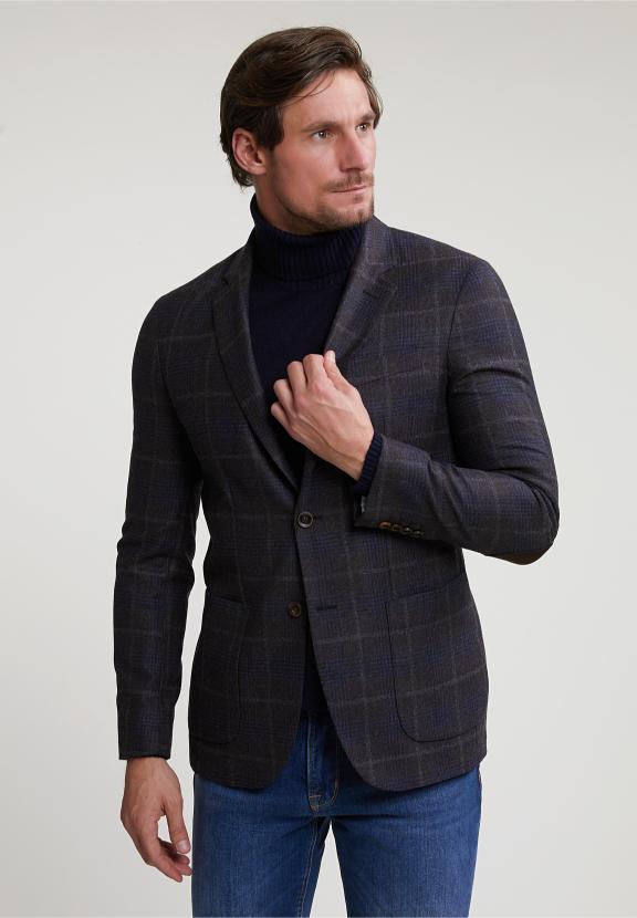 Checked Virgin Wool-Cashmere Blazer Brown/Blue - Multi