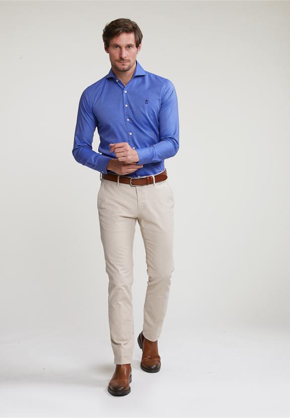 Slim Fit Uni Cotton Shirt Blue - Bleu