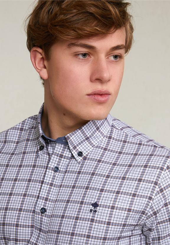 Custom Fit Checked Shirt White/Brown - Gris