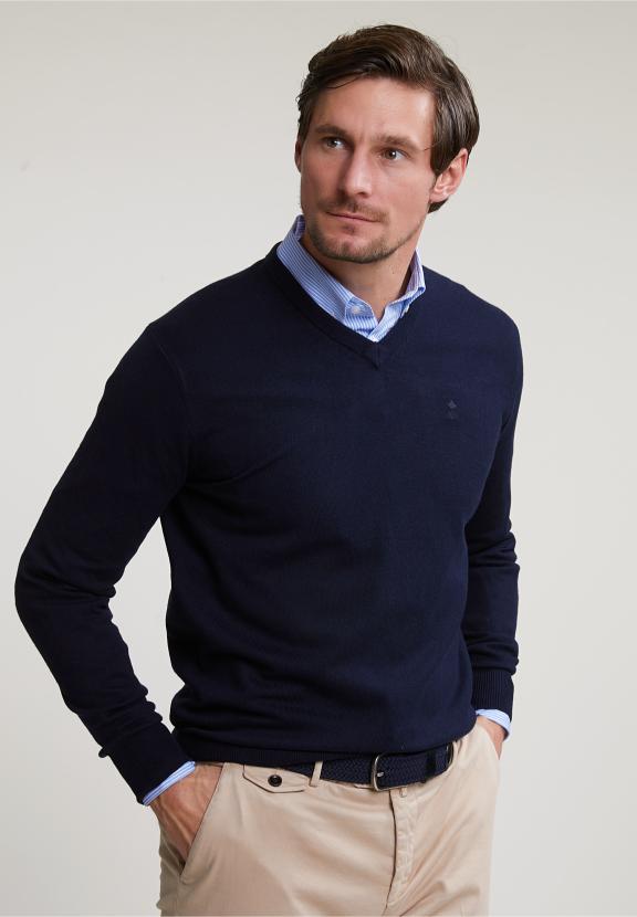 Normal Fit Basic Cotton V-Neck Sweater Navy - Bleu