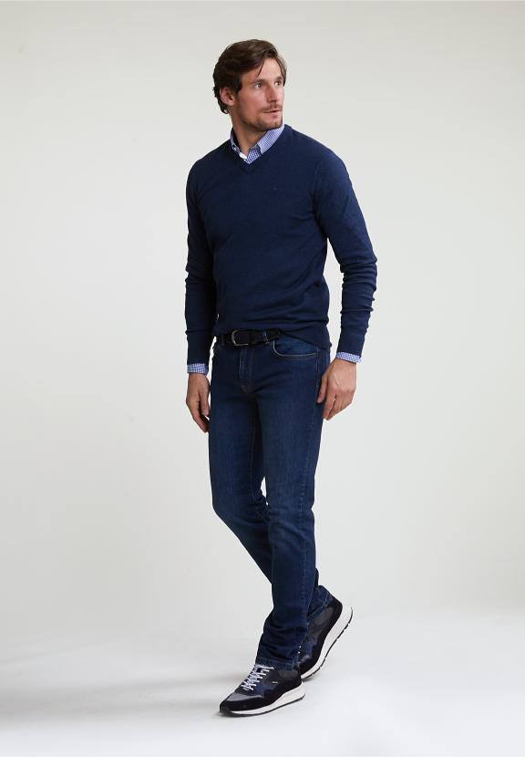 Normal Fit Basic Cotton V-Neck Sweater Oriental Blue Mix - Bleu