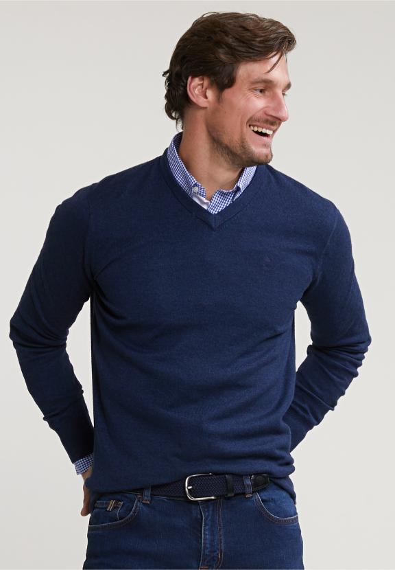 Normal Fit Basic Cotton V-Neck Sweater Oriental Blue Mix - Bleu