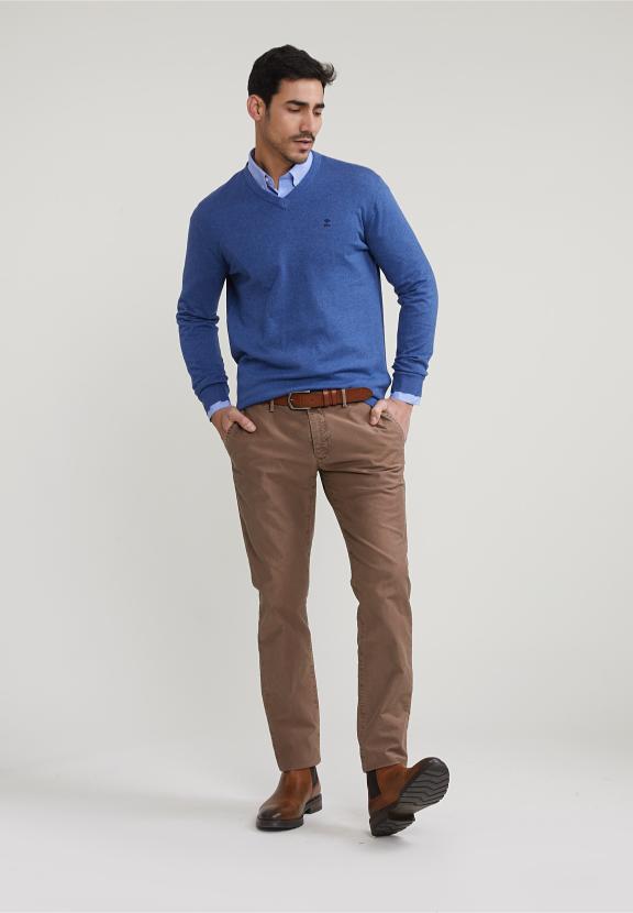 Normal Fit Basic Cotton V-Neck Sweater Wagon Blue Mix - Multi
