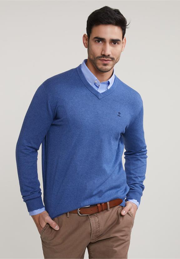 Normal Fit Basic Cotton V-Neck Sweater Wagon Blue Mix - Multi