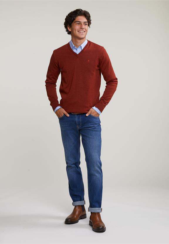 Custom Fit Basic Merino V-Neck Sweater Negroni Mix - Orange