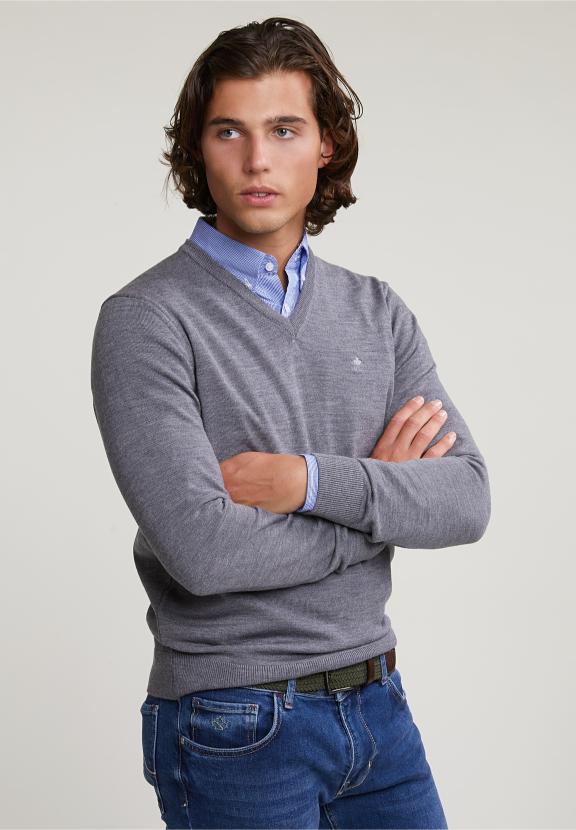 Custom Fit Basic Merino V-Neck Sweater Oxford Mix - Gris