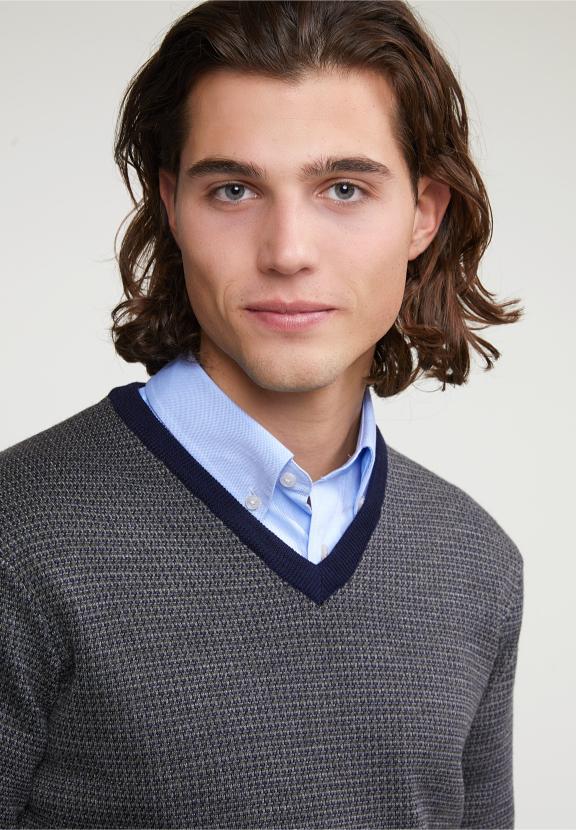 Custom Fit Merino V-Neck Sweater Navy/Oxford Mix - Bleu