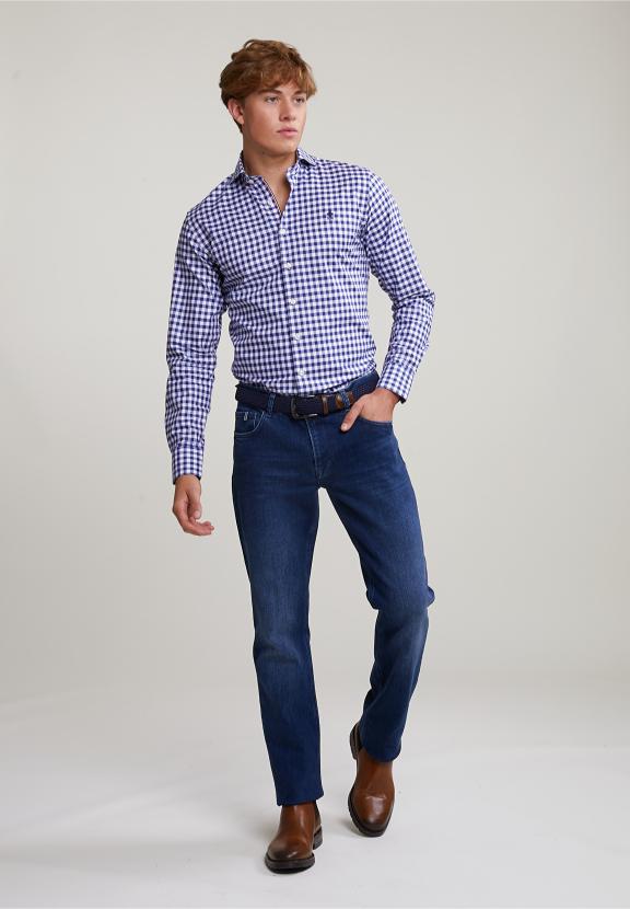 Custom Fit Checked Shirt In Blue/White - Bleu