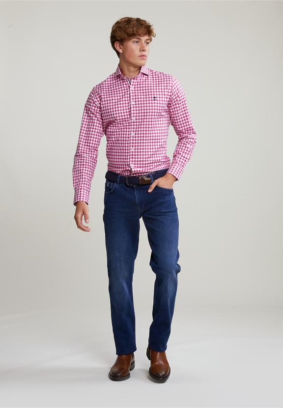 Custom Fit Checked Shirt In White/Red - Bleu