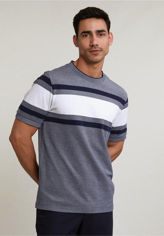 Custom Fit Sporty Striped T-Shirt Navy - Bleu