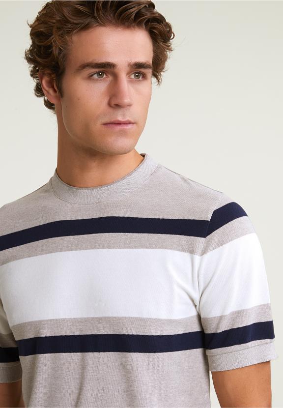 Custom Fit Sporty Striped T-Shirt Old Wood Mix - Beige