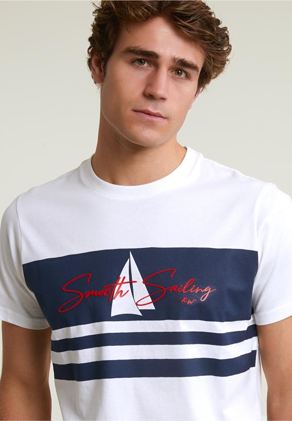 Custom Fit Fantasy T-Shirt Short Sleeves Off White/Navy - Blanc