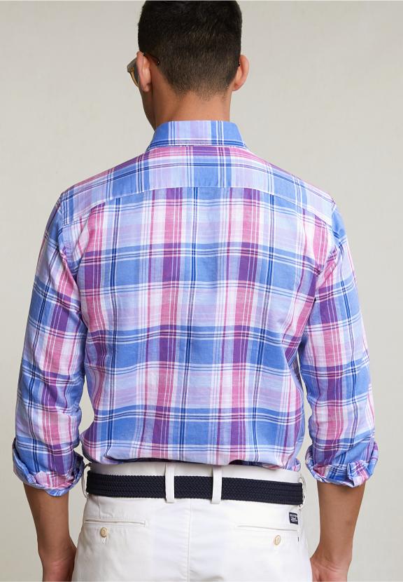 Custom Fit Cotton-Linen Checked Shirt Blue/Pink - Rose
