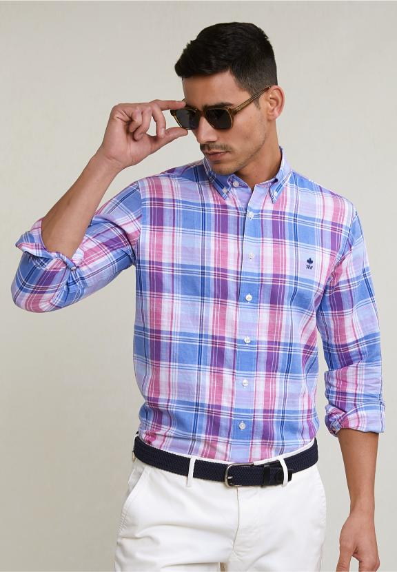 Custom Fit Cotton-Linen Checked Shirt Blue/Pink - Rose