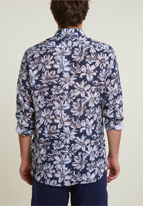 Custom Fit Linen Floral Shirt Brown/Blue - Mix