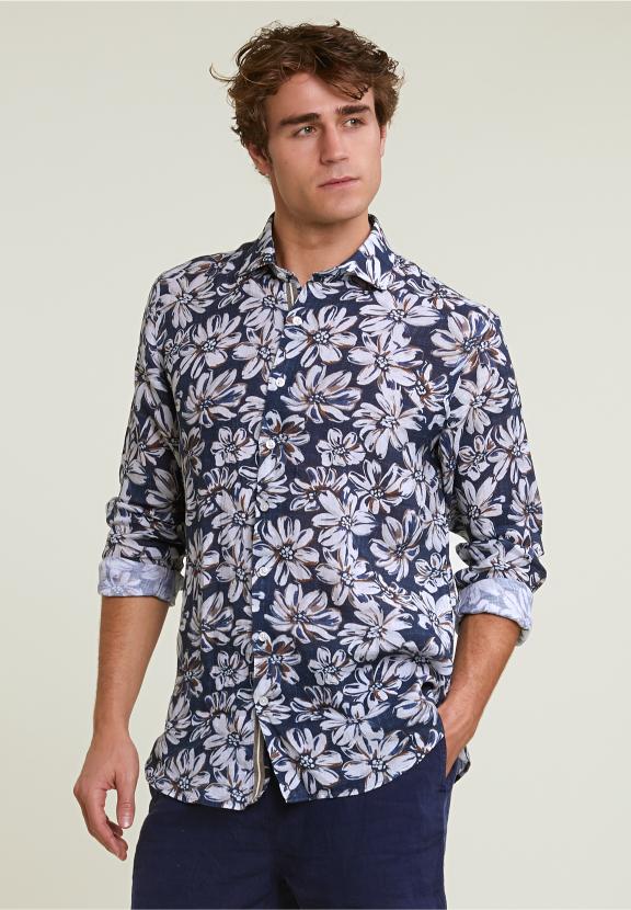 Custom Fit Linen Floral Shirt Brown/Blue - Mix