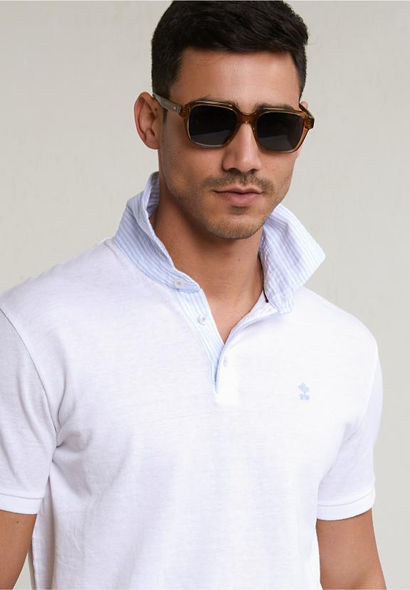 Custom Fit Cotton-Linen Polo White - Blanc