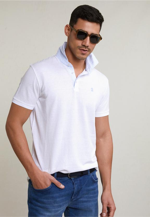 Custom Fit Cotton-Linen Polo White - Blanc
