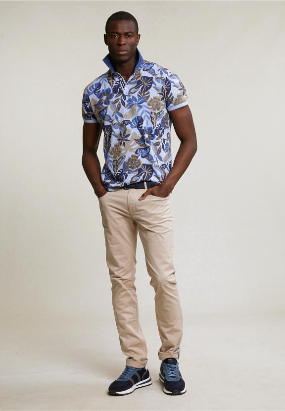Custom Fit Cotton-Linen Floral Polo Sky Mix - Bleu
