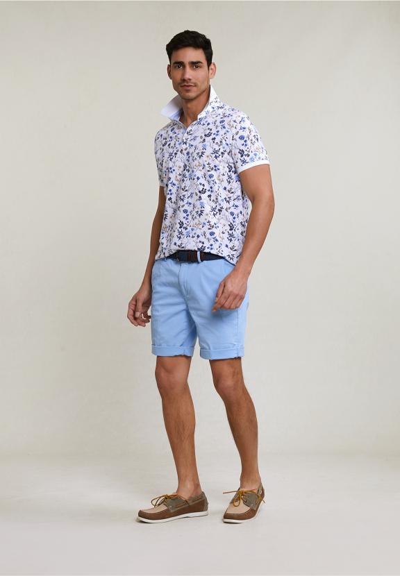 Custom Fit Cotton-Linen Floral Polo White - Blanc