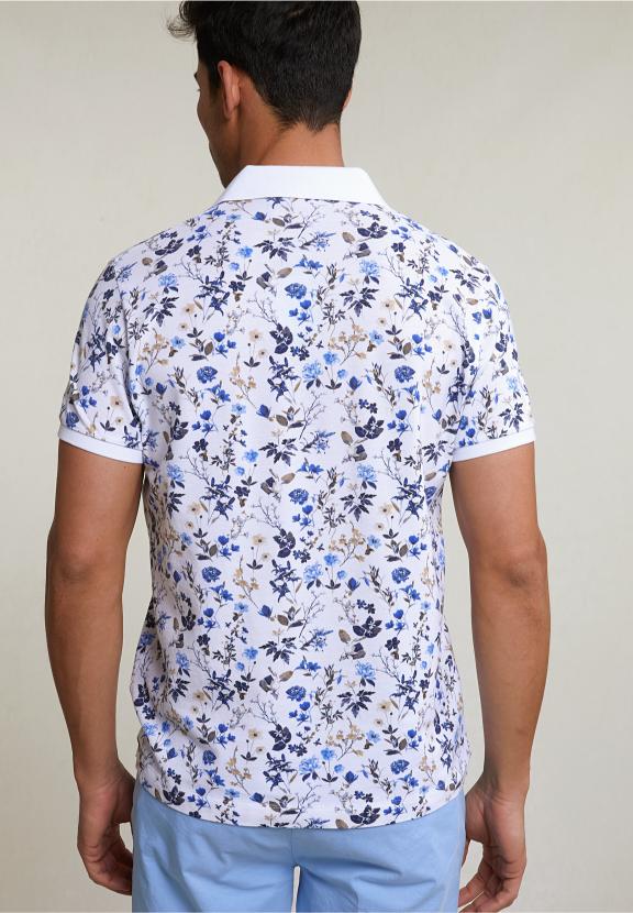 Custom Fit Cotton-Linen Floral Polo White - Blanc