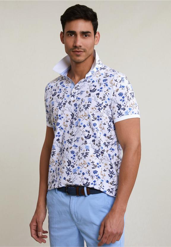 Custom Fit Cotton-Linen Floral Polo White - Blanc