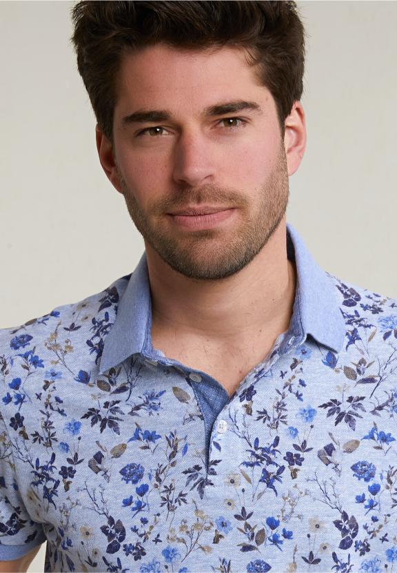 Custom Fit Cotton-Linen Floral Polo Chambray Mix - Bleu