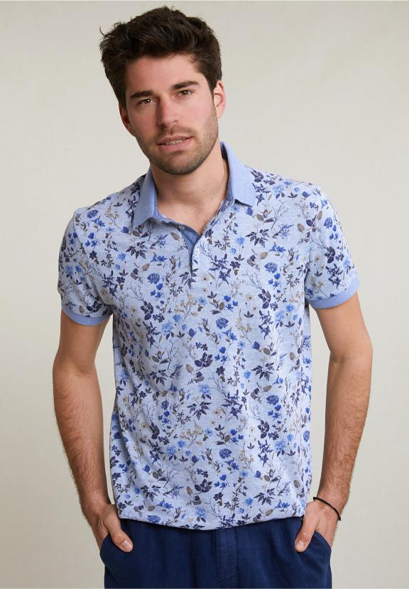 Custom Fit Cotton-Linen Floral Polo Chambray Mix - Bleu