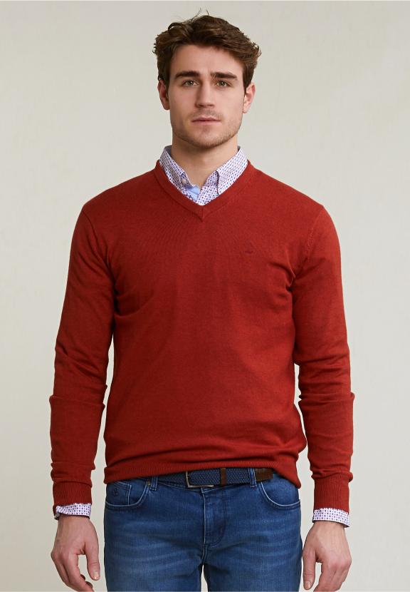 Normal Fit Basic Bamboo-Cotton V-Neck Pullover Negroni Mix - Orange