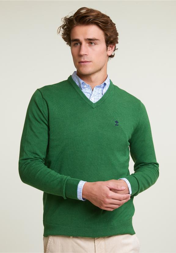 Normal Fit Basic Cotton V-Neck Pullover Belize Mix - Vert