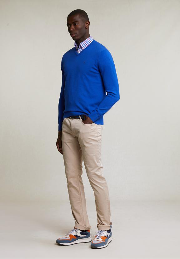 Normal Fit Basic Cotton V-Neck Pullover Evening Blue Mix - Bleu