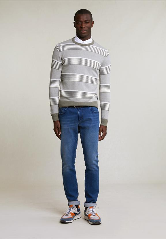 Custom Fit Cotton Striped Crew Neck Pullover Lt Safari Green Mix - Vert