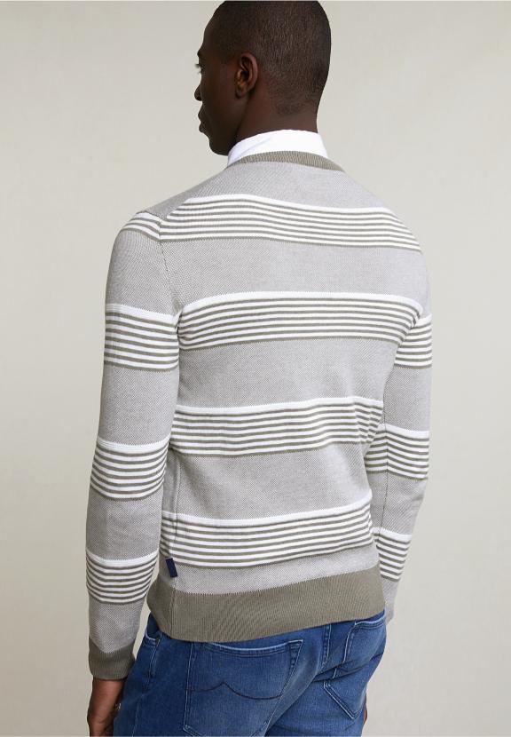 Custom Fit Cotton Striped Crew Neck Pullover Lt Safari Green Mix - Vert